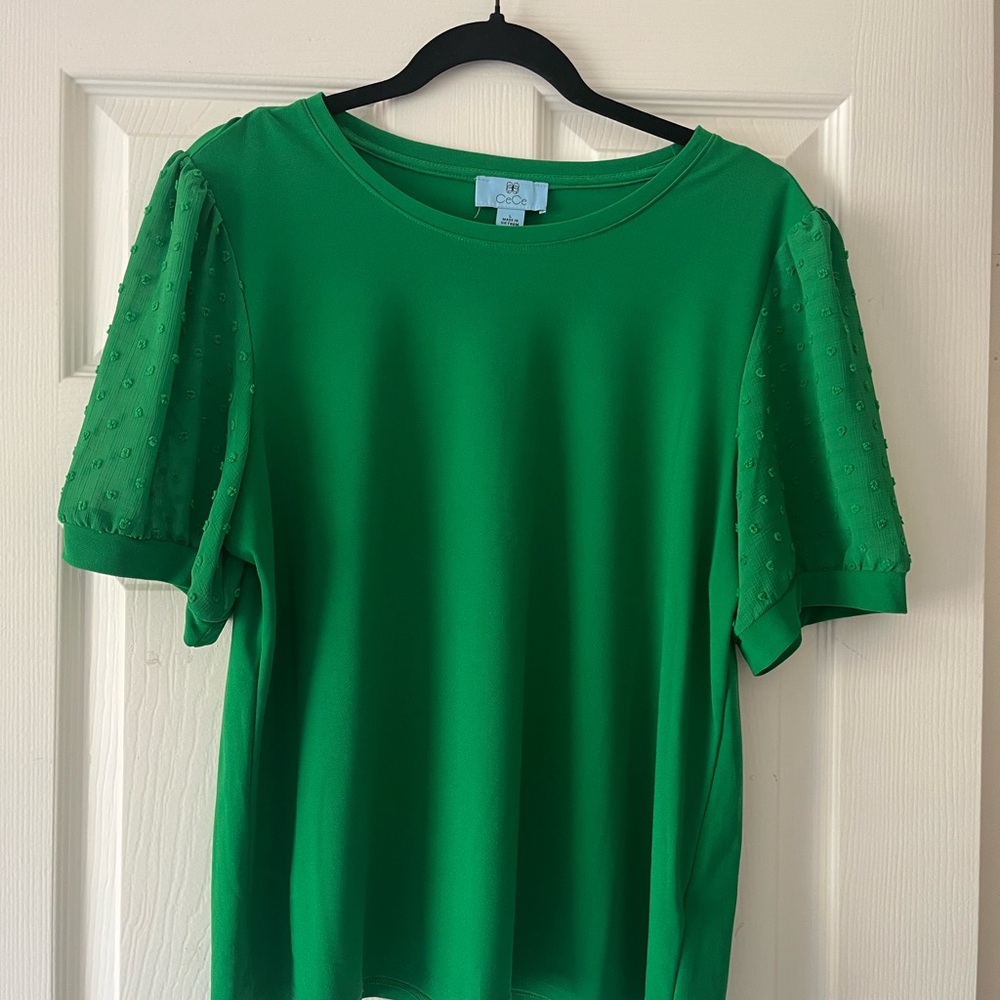 CeCe Vibrant Green Blouse with Textured Sleeves